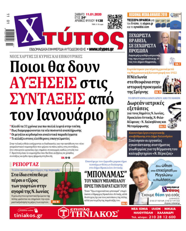 Πρωτοσέλιδο «ΧΤΥΠΟΣ» Σάββατο 11 Ιανουαρίου 2020