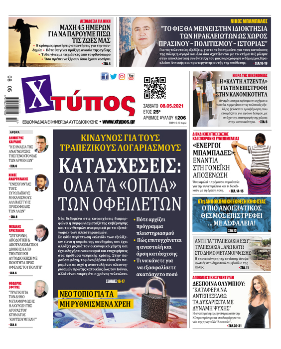 Πρωτοσέλιδο εφημερίδας «ΧΤΥΠΟΣ» Σάββατο 8 Μαΐου 2021”