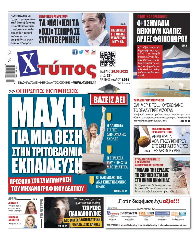 “Πρωτοσέλιδο εφημερίδας «ΧΤΥΠΟΣ» Σάββατο 25 Ιουνίου 2022”