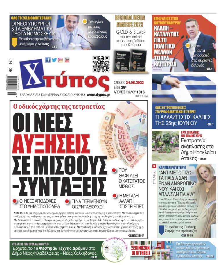 “Πρωτοσέλιδο της εφημερίδας «ΧΤΥΠΟΣ» Σάββατο 24 Ιουνίου 2023”