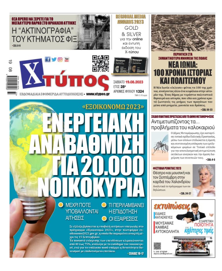 “Πρωτοσέλιδο της εφημερίδας «ΧΤΥΠΟΣ» Σάββατο 19 Αυγούστου 2023”