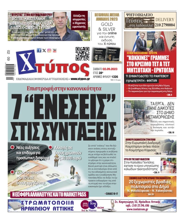 “Πρωτοσέλιδο της εφημερίδας «ΧΤΥΠΟΣ» Σάββατο 2 Σεπτεμβρίου 2023”