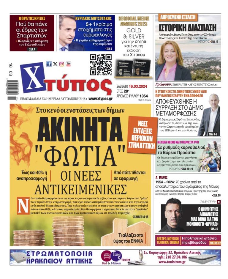 “Πρωτοσέλιδο της εφημερίδας «ΧΤΥΠΟΣ» Σάββατο 16 Μαρτίου 2024”