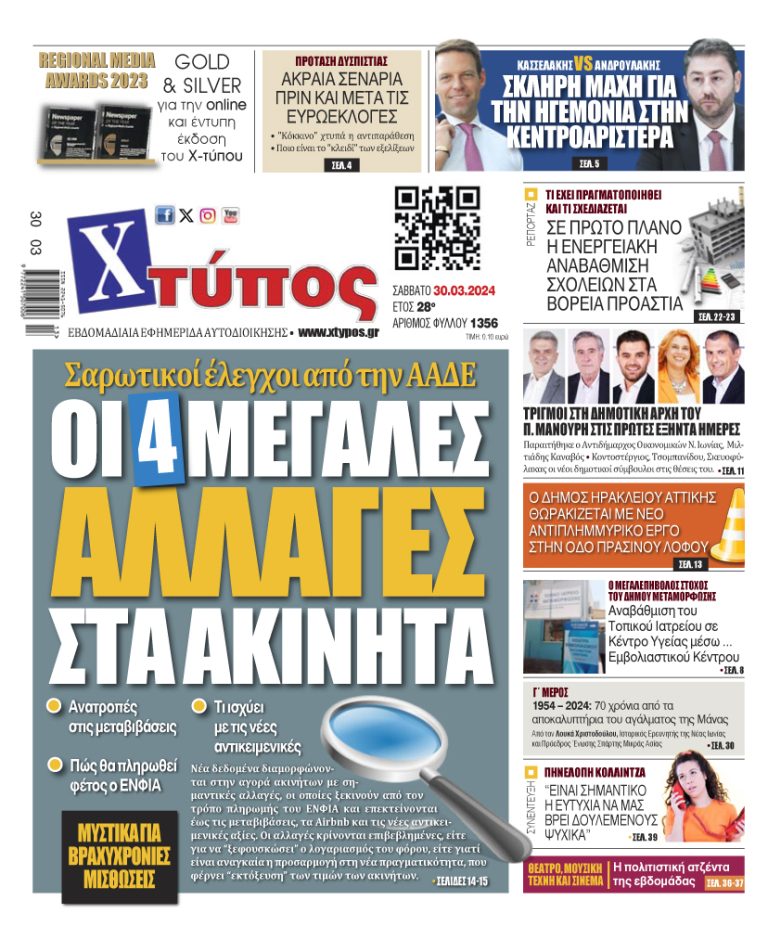 “Πρωτοσέλιδο της εφημερίδας «ΧΤΥΠΟΣ» Σάββατο 30 Μαρτίου 2024”