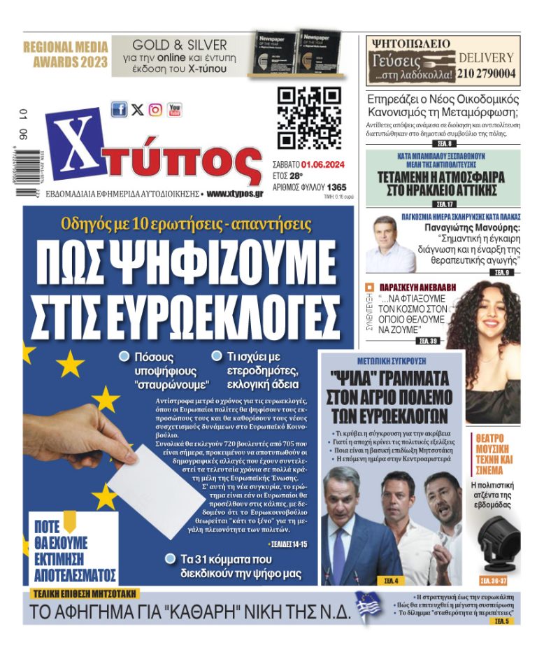 “Πρωτοσέλιδο της εφημερίδας «ΧΤΥΠΟΣ» Σάββατο 01 Ιουνίου 2024”