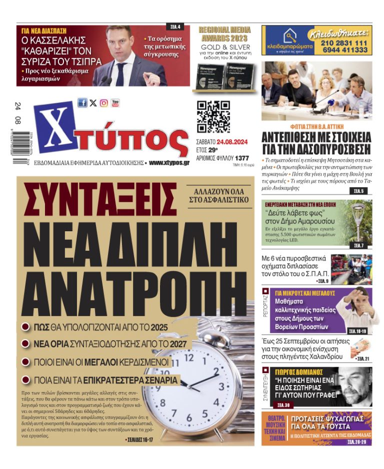 “Πρωτοσέλιδο της εφημερίδας «ΧΤΥΠΟΣ» Σάββατο 24 Αυγούστου 2024”