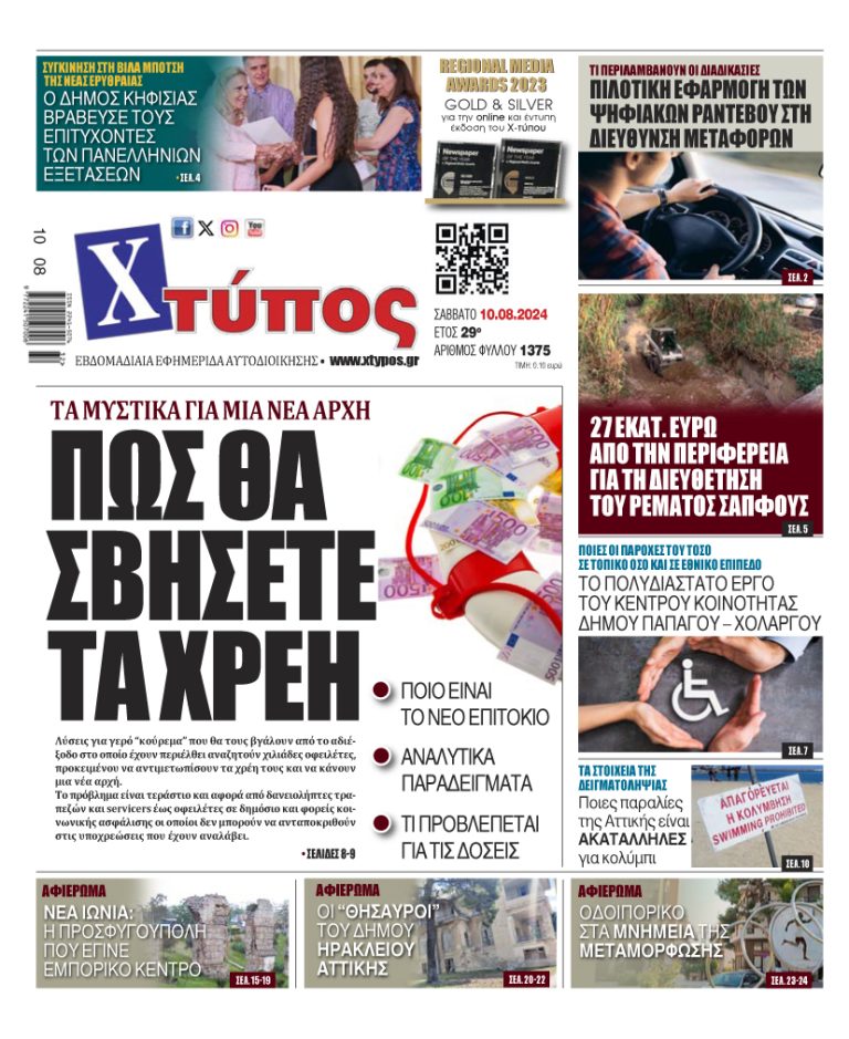 “Πρωτοσέλιδο της εφημερίδας «ΧΤΥΠΟΣ» Σάββατο 10 Αυγούστου 2024”