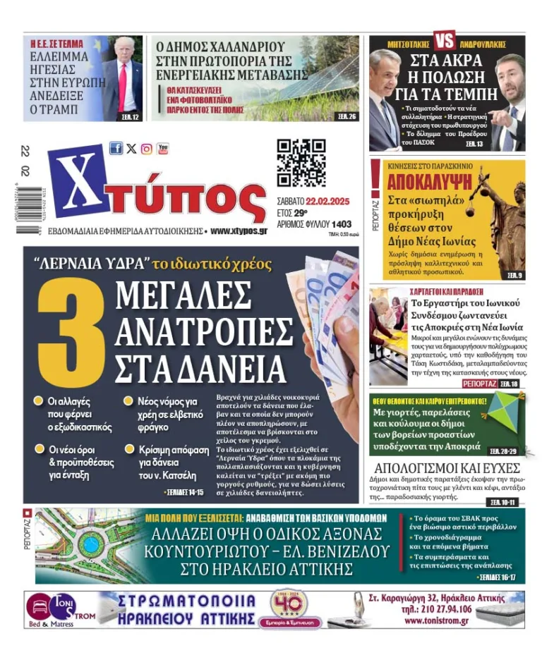 “Πρωτοσέλιδο της εφημερίδας «ΧΤΥΠΟΣ» Σάββατο 22 Φεβρουαρίου 2025”